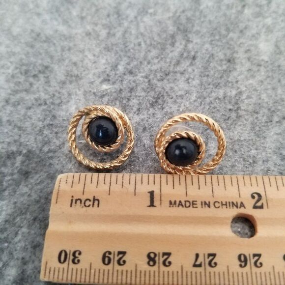 Vintage Black and Gold Tone Rope Twist Design Cabochon Post Earrings, Minimal - Picture 4 of 4